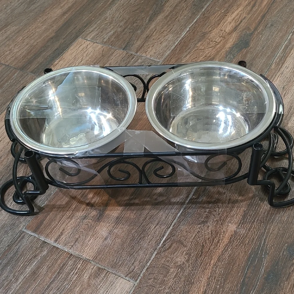 Elegant Black Metal Pet Bowl Stand with Silver Bowls
